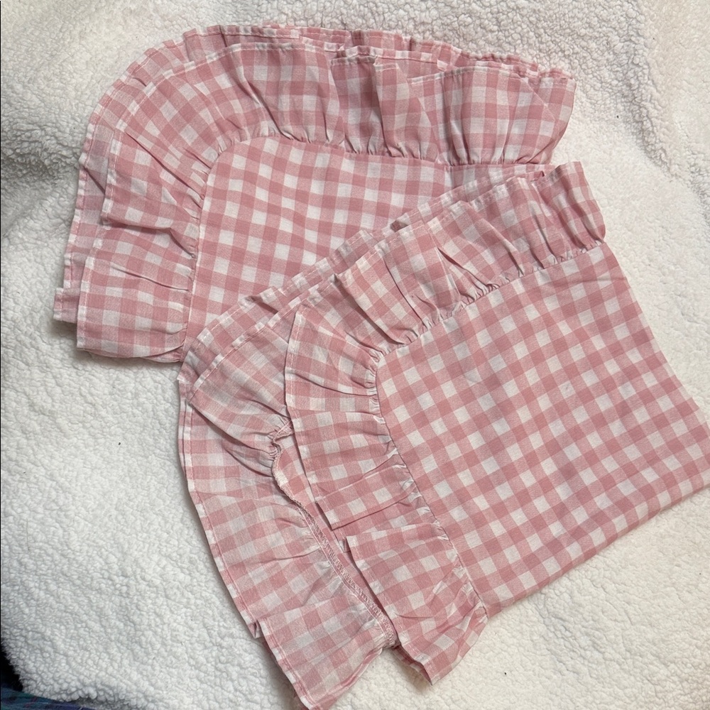 Springs English Rose Pink Gingham Checkered Ruffled Pillow shams Granny Chic